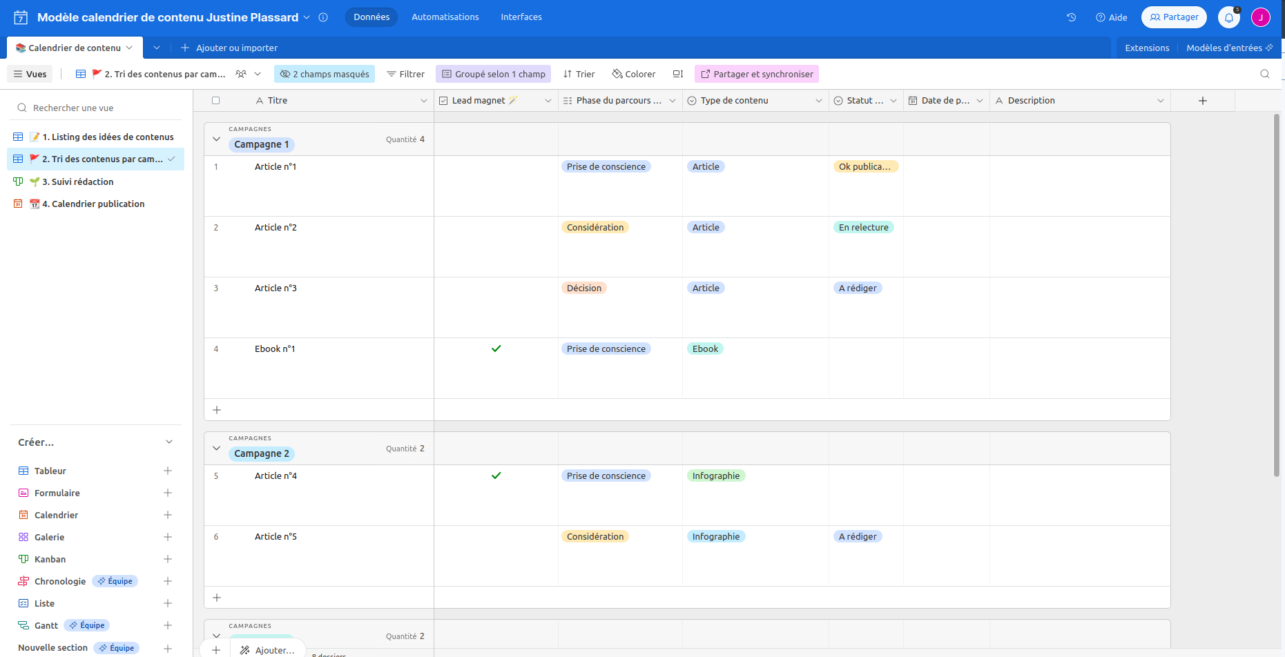 airtable template calendrier editorial justine plassard